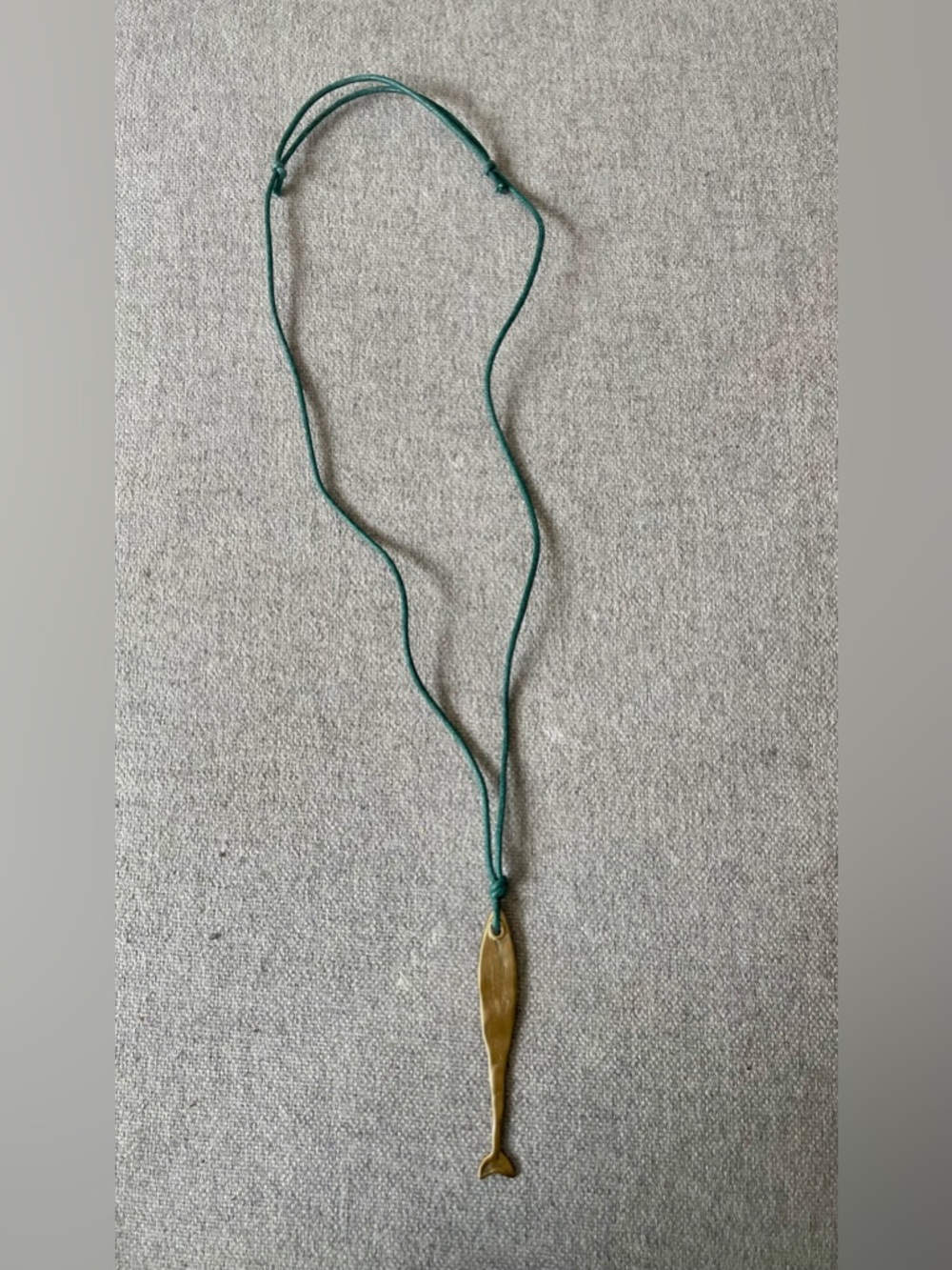 Women’s Boho Necklace Brass Fish Pendant Green Cord Rustic Long Necklace